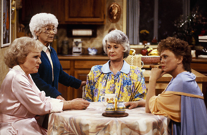 Cast members from the popular television comedy series "The Golden Girls" (L-R) Betty White as Rose, Estelle Getty as Sophia, Beatrice Arthur as Dorothy and Rue McClanahan as Blanche are shown in a scene from the series in this undated publicity photograph. A DVD box set of the first season of the popular television comedy series detailing the lives of four women living in a retirement community, "The Golden Girls Season One" will go on sale November 23, 2004. NO SALES REUTERS/Buena Vista Home Entertainment, Inc. and Touchstone Television/Handout