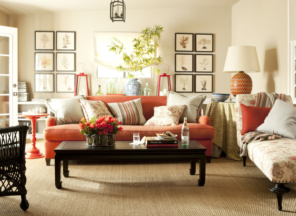 leather-furniture-comfy-bright-and-dark-brown-glossy-coffee-table-orange-leather-couches